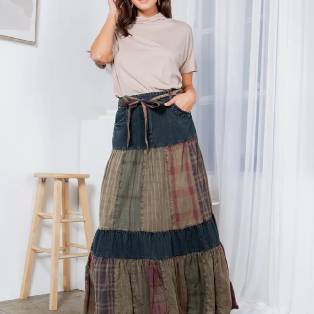 Young Threads Bohemian Patchwork Maxi Skirt with Drawstring Belt